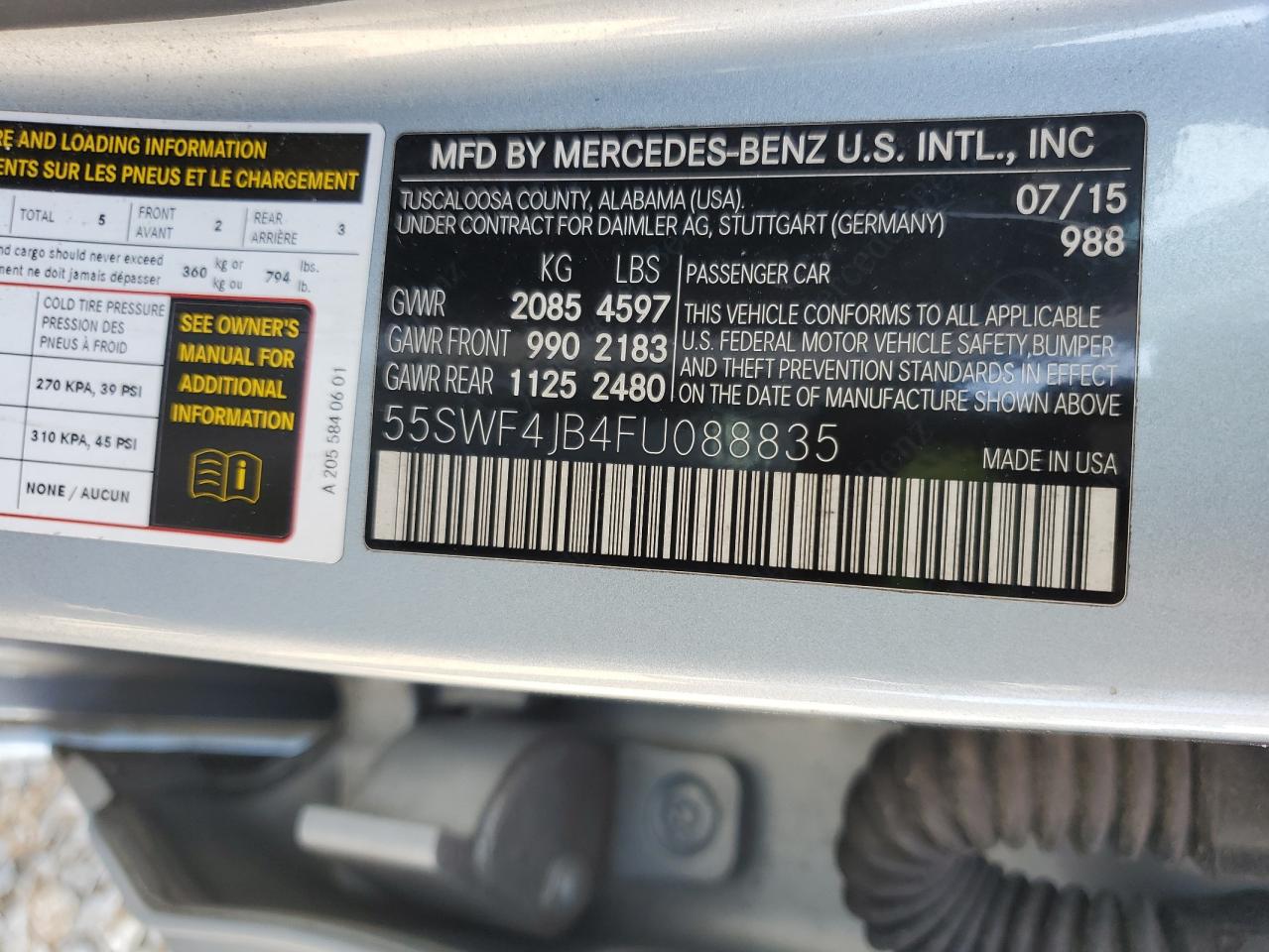 2015 Mercedes-Benz C-klasse VIN 55SWF4JB4FU088835 Copart auction photo, front end damage thumbnail 14