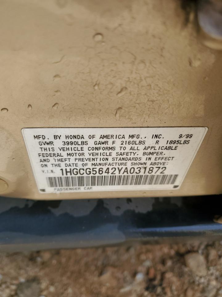 2000 Honda Accord VIN 1HGCG5642YA031872 Copart auction photo, side / rear end damage thumbnail 13
