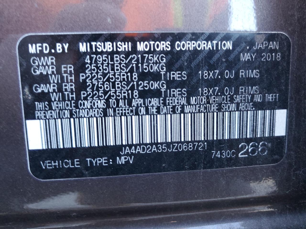 2018 Mitsubishi Outlander VIN JA4AD2A35JZ068721 Copart auction photo, front end damage thumbnail 13