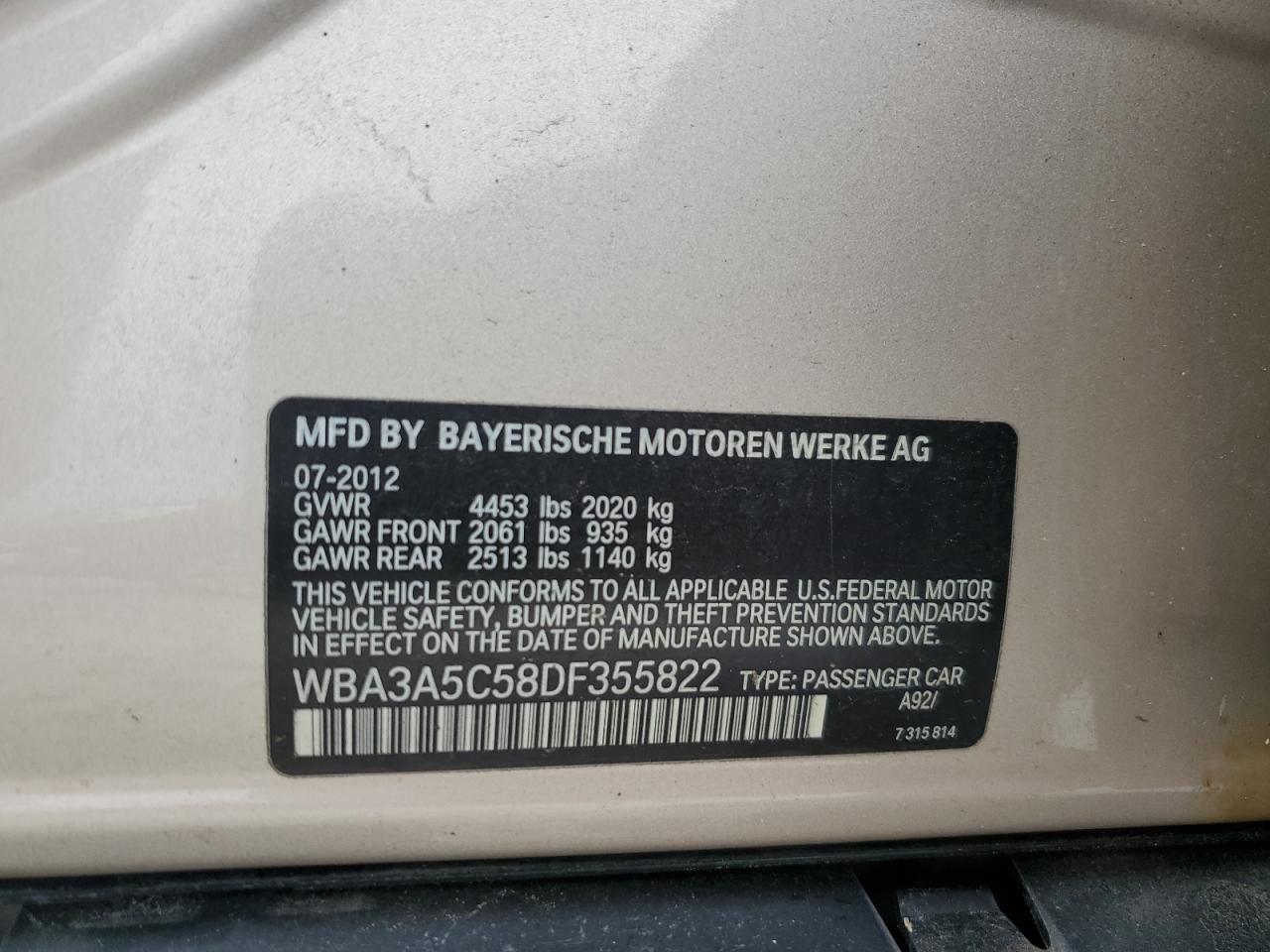 2013 BMW 3er VIN WBA3A5C58DF355822 Copart auction photo, side damage thumbnail 12