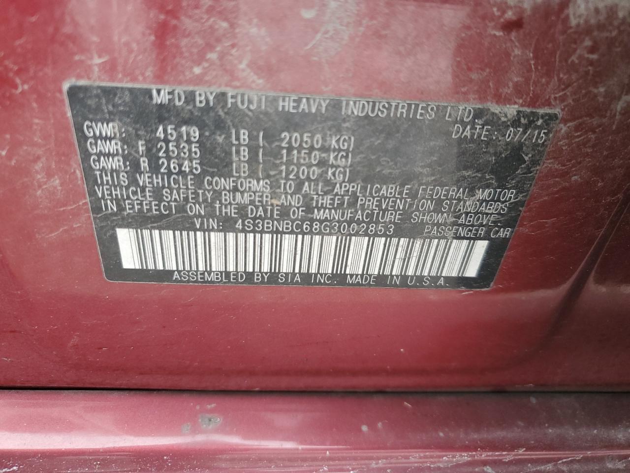 2016 Subaru Legacy VIN 4S3BNBC68G3002853 Copart auction photo, side / front end damage thumbnail 13