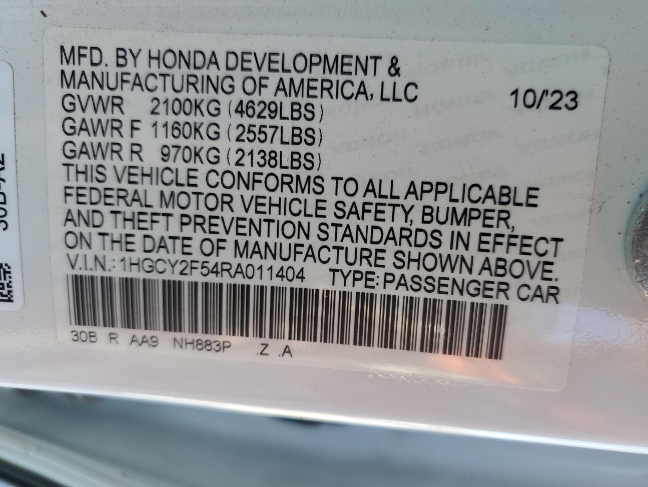 2024 Honda Accord VIN 1HGCY2F54RA011404 Copart auction photo, front end damage thumbnail 14