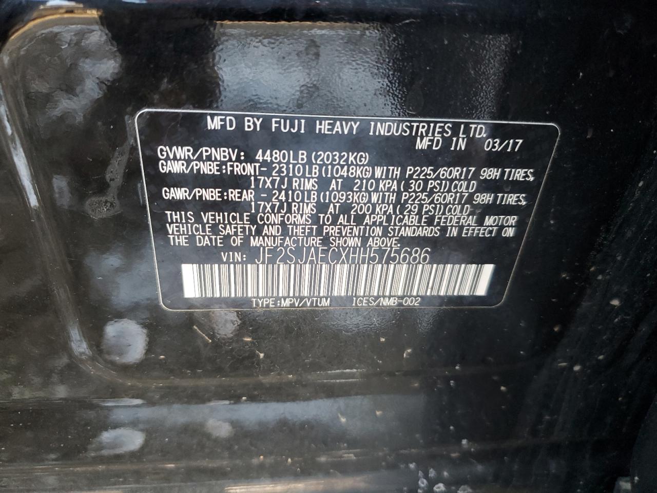 2017 Subaru Forester VIN JF2SJAECXHH575686 Copart auction photo, front end / rear end damage thumbnail 13
