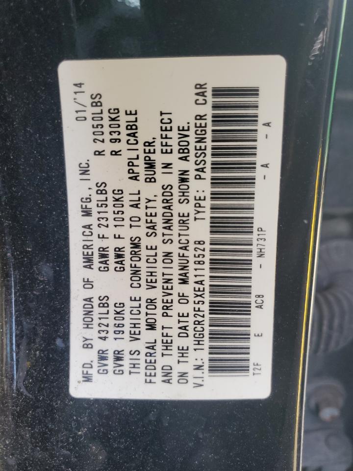 2014 Honda Accord VIN 1HGCR2F5XEA118528 Copart auction photo, rear end / front end damage thumbnail 13