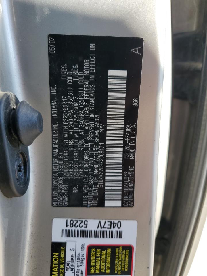 2007 Toyota Sienna VIN 5TDZK22C97S068471 Copart auction photo, front end damage thumbnail 13