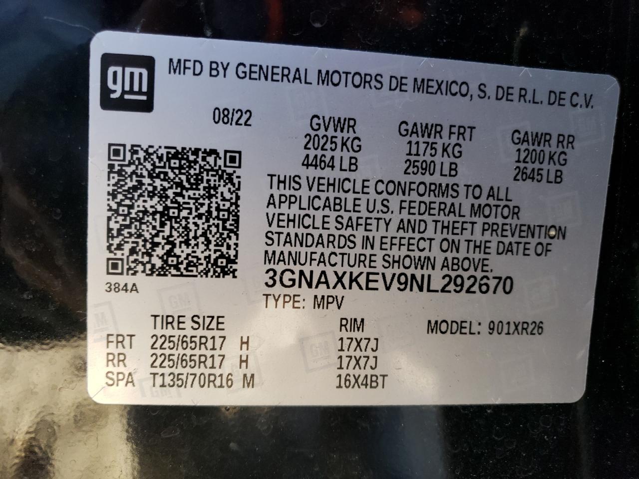 2022 Chevrolet Equinox VIN 3GNAXKEV9NL292670 Copart auction photo, front end / mechanical damage thumbnail 14