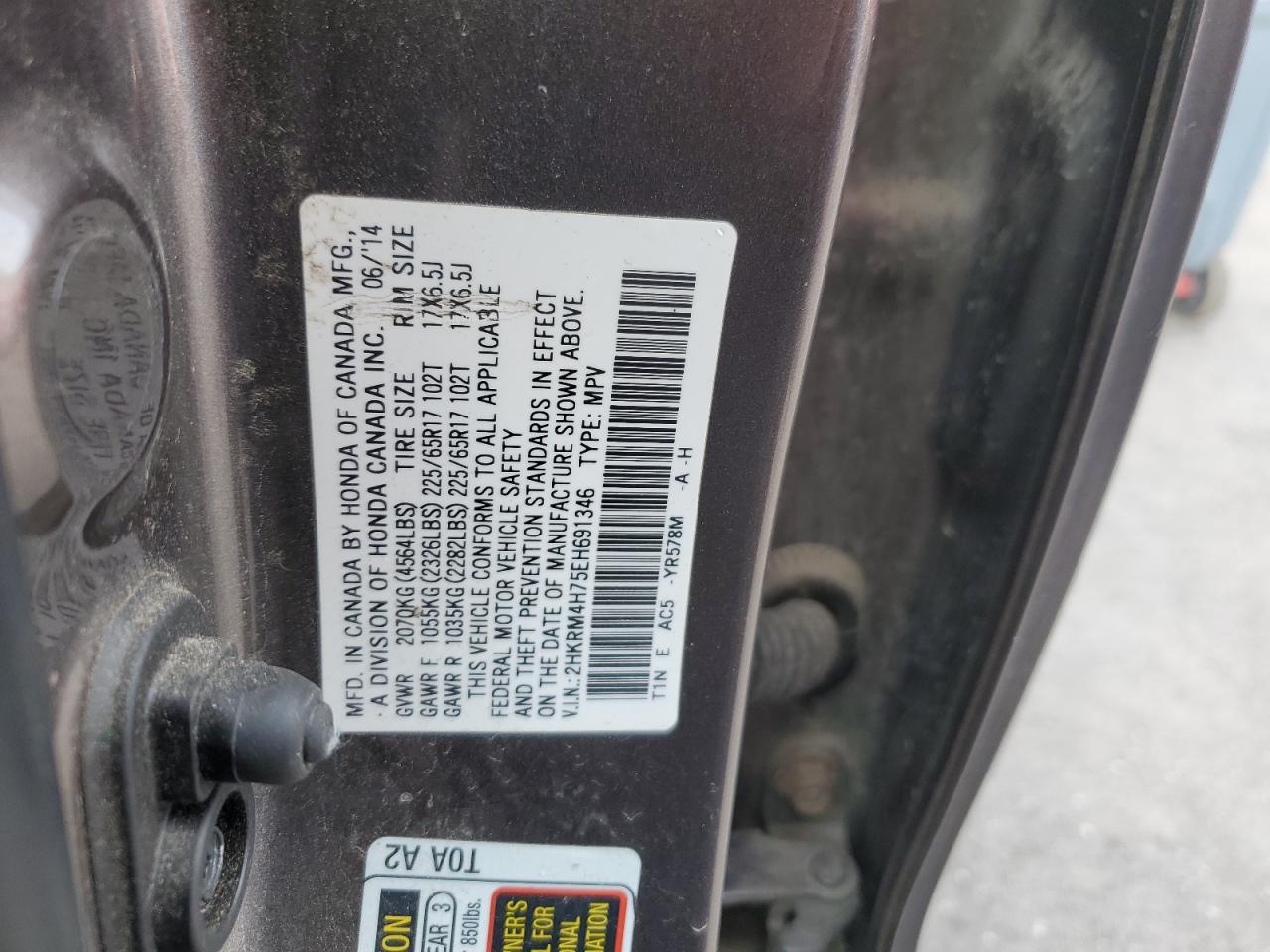 2014 Honda CR-V VIN 2HKRM4H75EH691346 Copart auction photo, front end / side damage thumbnail 14