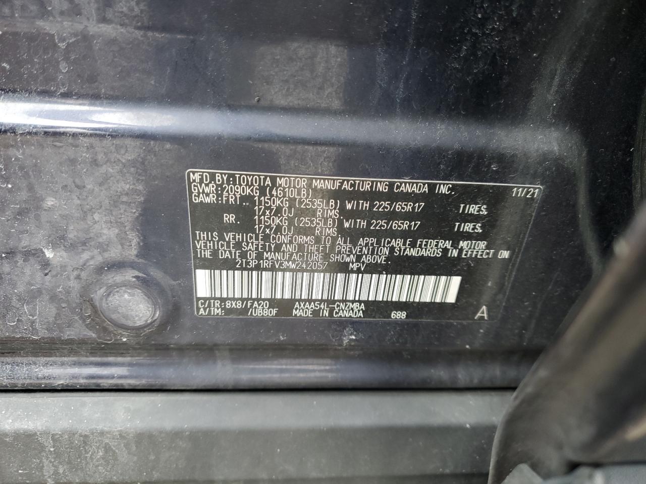 2021 Toyota RAV 4 VIN 2T3P1RFV3MW242057 Copart auction photo, front end damage thumbnail 13