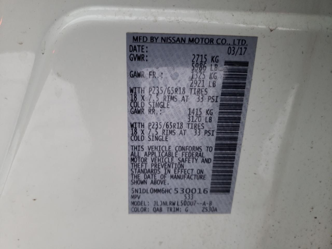 2017 Infiniti QX60 VIN 5N1DL0MM6HC530016 Copart auction photo, front end / side damage thumbnail 15