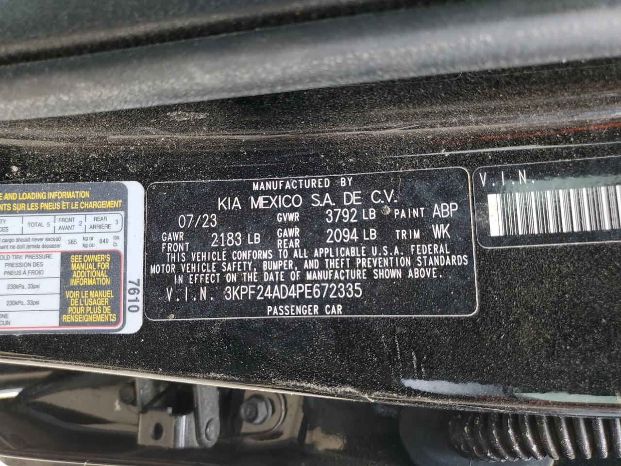 2023 KIA Forte VIN 3KPF24AD4PE672335 Copart auction photo, rear end / side damage thumbnail 12