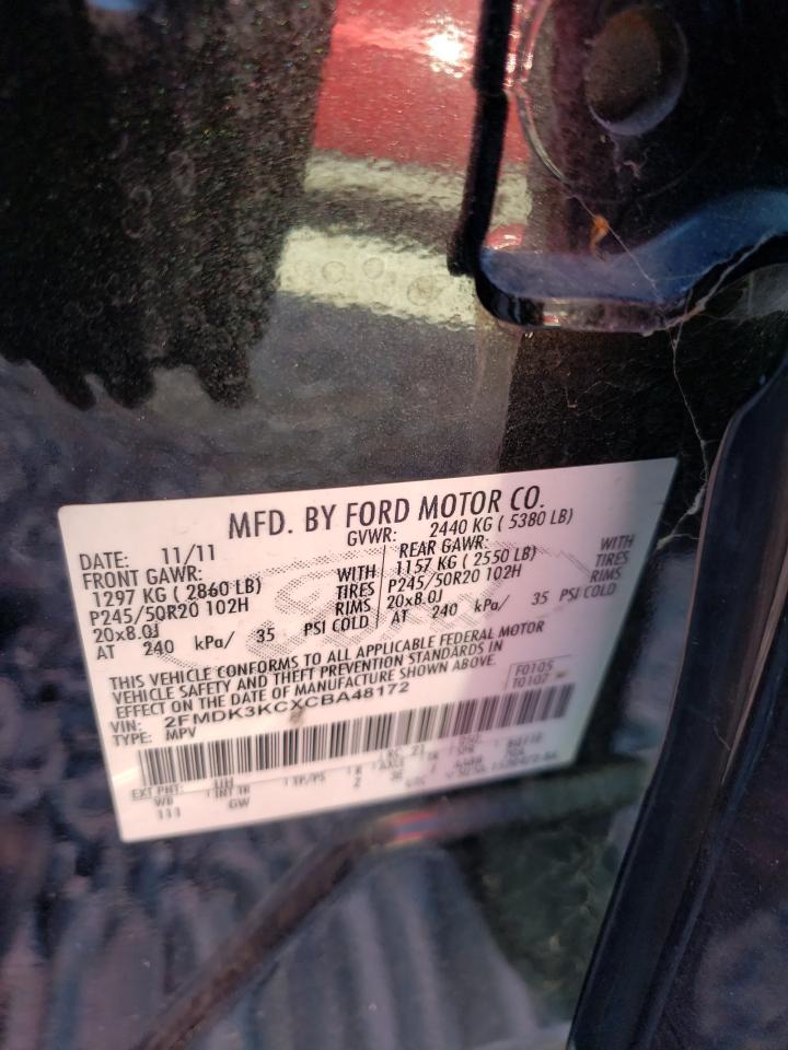 2012 Ford Edge VIN 2FMDK3KCXCBA48172 Copart auction photo, front end / minor dent/scratches damage thumbnail 13