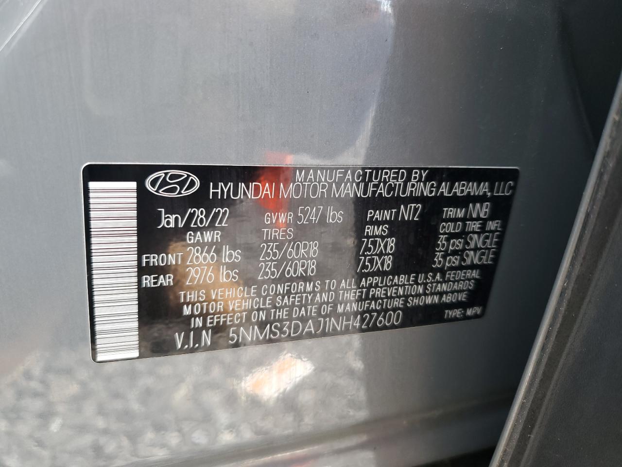 2022 Hyundai Santa Fe VIN 5NMS3DAJ1NH427600 Copart auction photo, rear end damage thumbnail 13