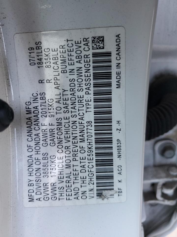 2019 Honda Civic VIN 2HGFC1E59KH707738 Copart auction photo, front end / minor dent/scratches damage thumbnail 12