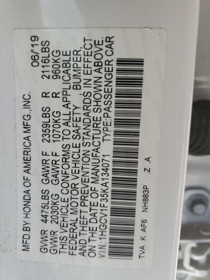 2019 Honda Accord VIN 1HGCV1F35KA134071 Copart auction photo, front end damage thumbnail 12