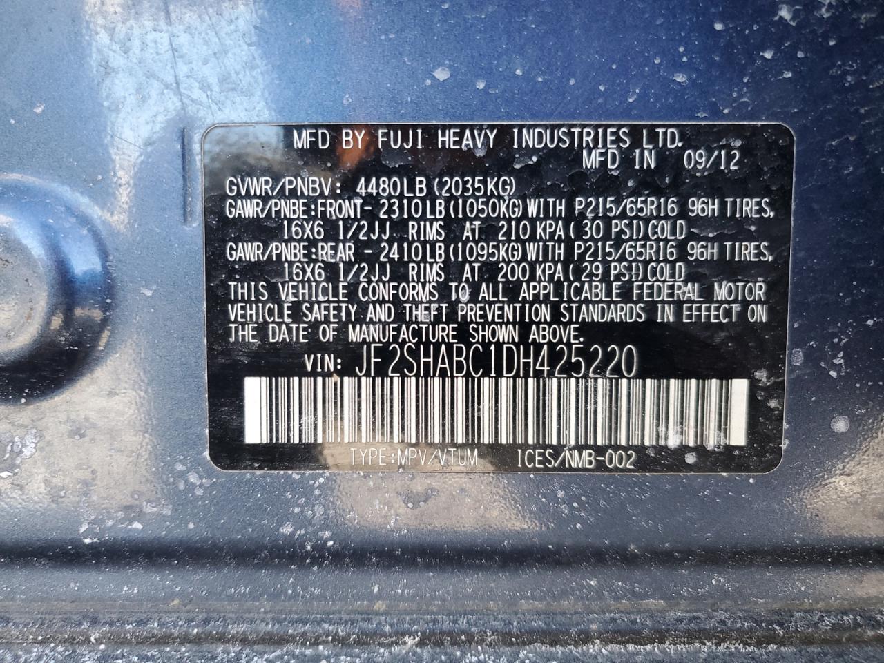 2013 Subaru Forester VIN JF2SHABC1DH425220 Copart auction photo, front end damage thumbnail 16