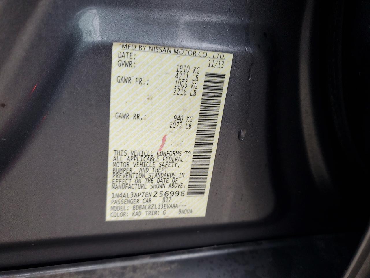 2014 Nissan Altima VIN 1N4AL3AP7EN256998 Copart auction photo, side damage thumbnail 12