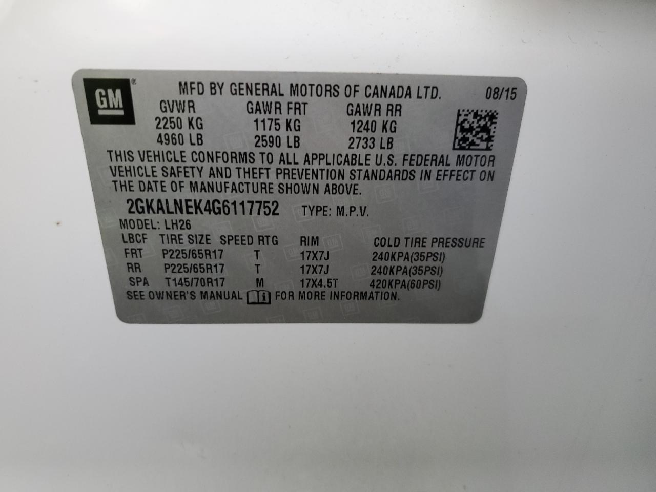 2016 GMC Terrain VIN 2GKALNEK4G6117752 Copart auction photo, minor dent/scratches damage thumbnail 13