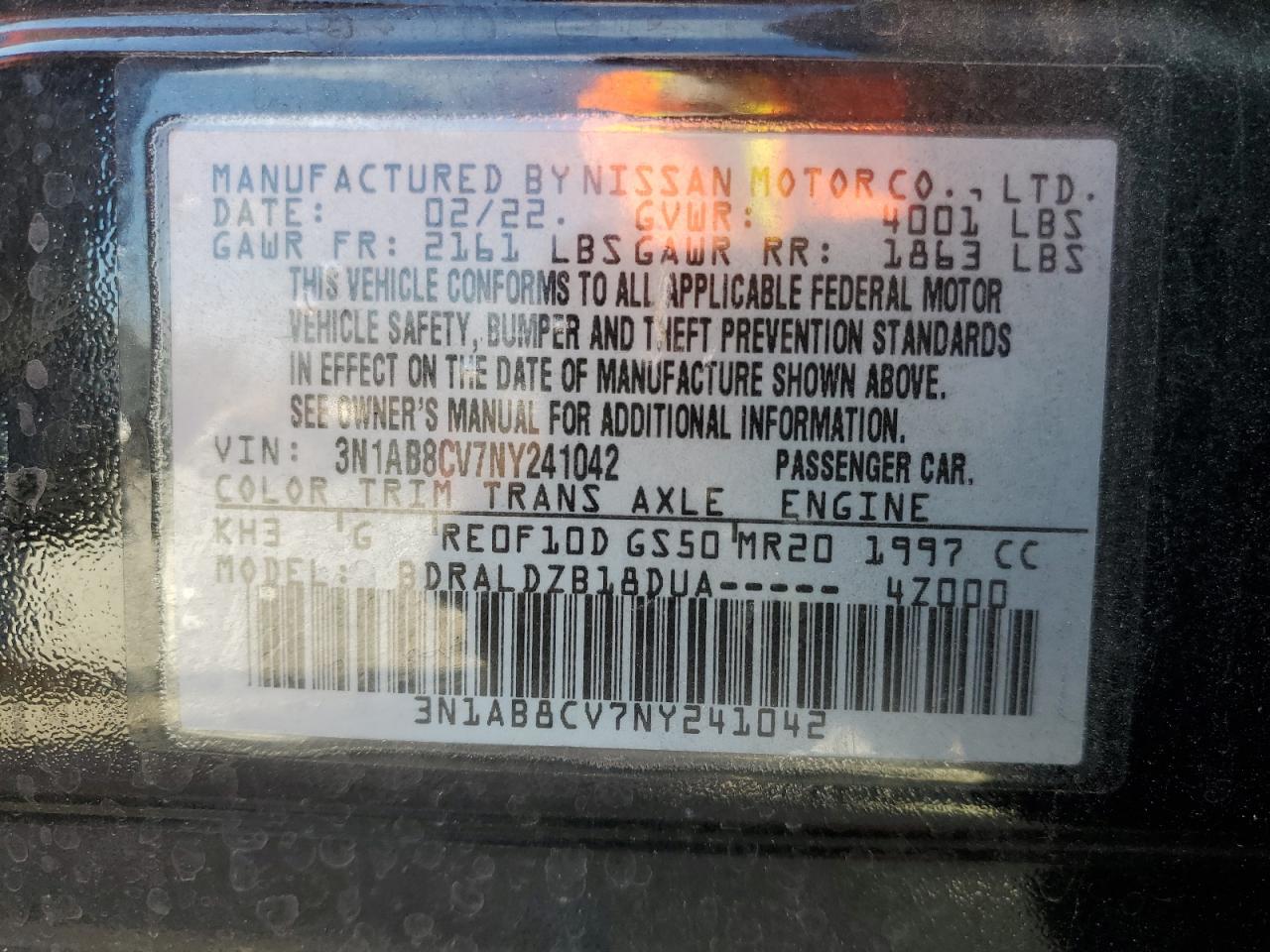 2022 Nissan Sentra VIN 3N1AB8CV7NY241042 Copart auction photo, front end / minor dent/scratches damage thumbnail 15