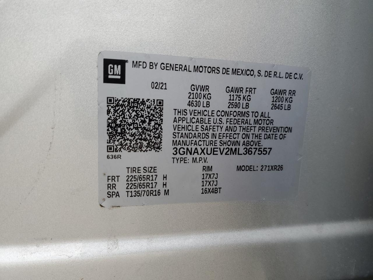 2021 Chevrolet Equinox VIN 3GNAXUEV2ML367557 Copart auction photo, front end / rear end damage thumbnail 15