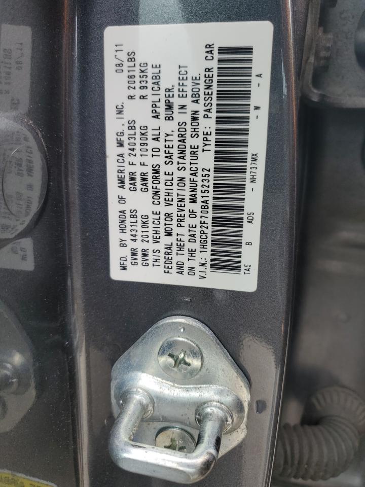 2011 Honda Accord VIN 1HGCP2F70BA152352 Copart auction photo, rear end / side damage thumbnail 12