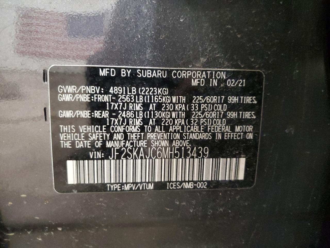2021 Subaru Forester VIN JF2SKAJC6MH513439 Copart auction photo, top/roof / all over damage thumbnail 13