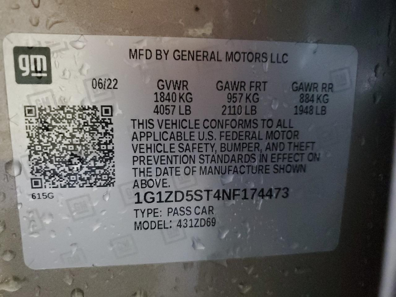 2022 Chevrolet Malibu VIN 1G1ZD5ST4NF174473 Copart auction photo, rear end / frame damage damage thumbnail 12