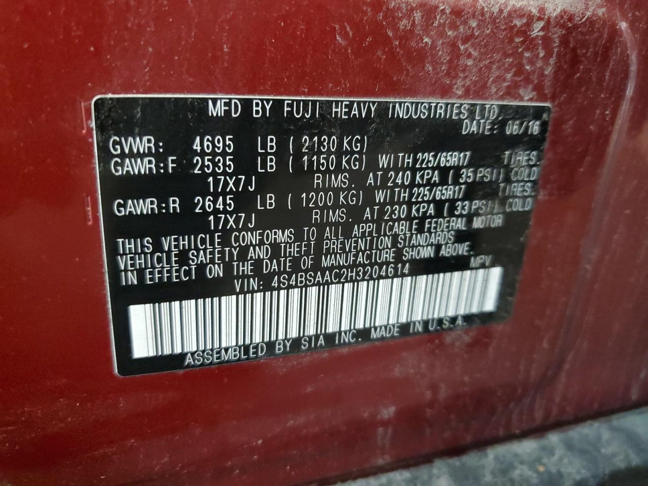 2017 Subaru Outback VIN 4S4BSAAC2H3204614 Copart auction photo, all over damage thumbnail 12