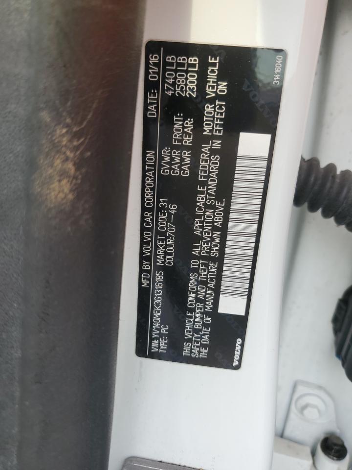 2016 Volvo V60 VIN YV140MEK3G1316185 Copart auction photo, front end damage thumbnail 12