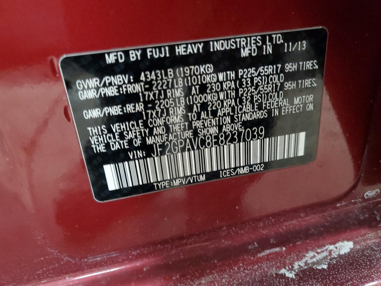 2014 Subaru XV VIN JF2GPAVC8E8237039 Copart auction photo, front end damage thumbnail 12