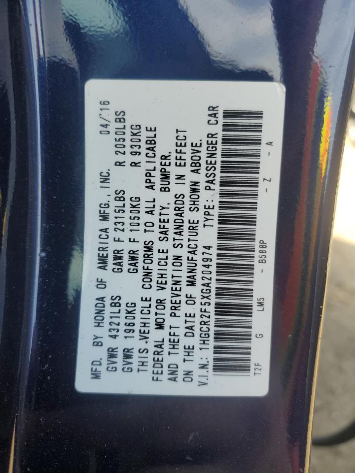 2016 Honda Accord VIN 1HGCR2F5XGA204974 Copart auction photo, front end / side damage thumbnail 15