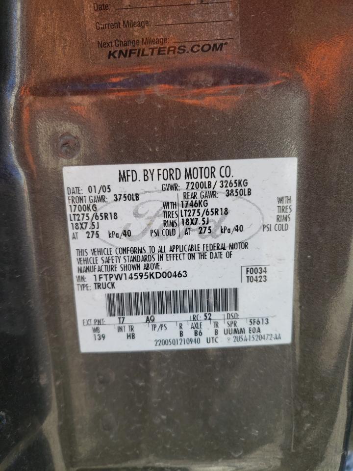 2005 Ford F-150 VIN 1FTPW14595KD00463 Copart auction photo, front end damage thumbnail 15