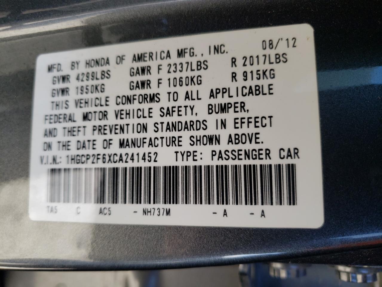 2012 Honda Accord VIN 1HGCP2F6XCA241452 Copart auction photo, front end / side damage thumbnail 13