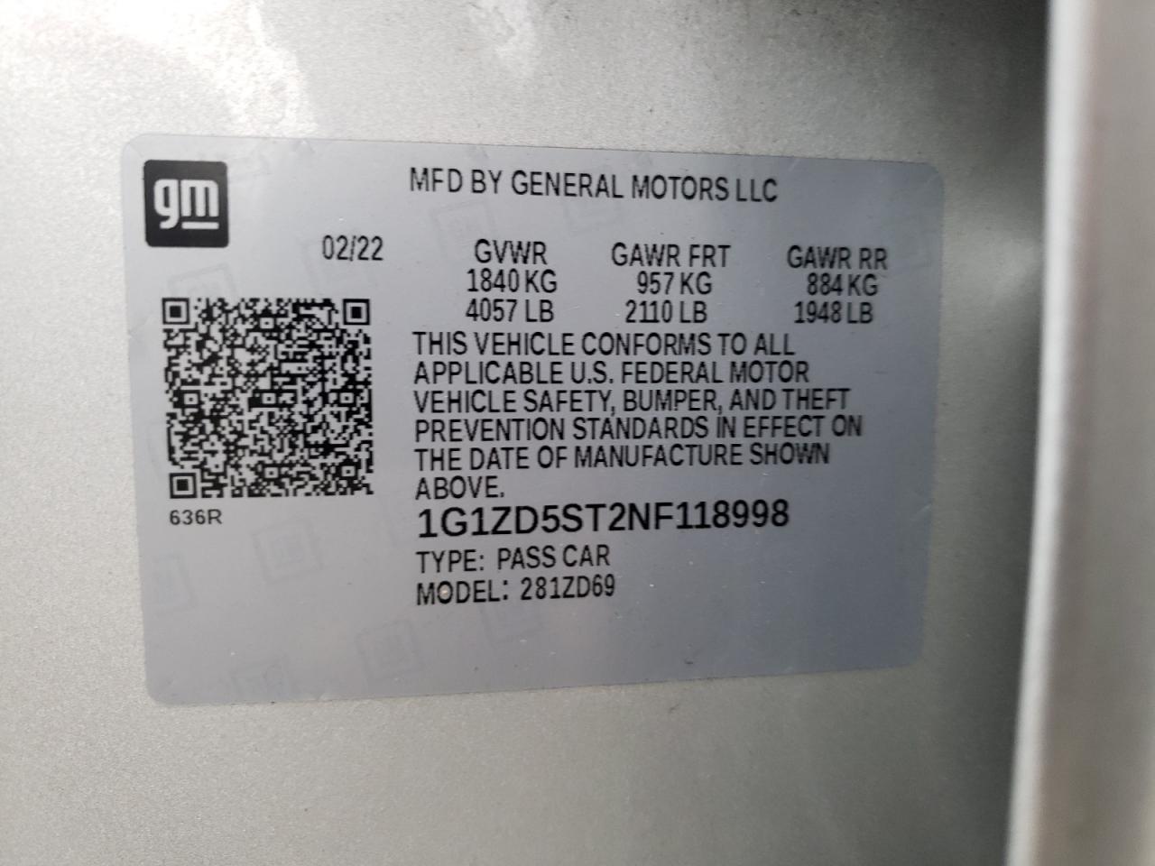 2022 Chevrolet Malibu VIN 1G1ZD5ST2NF118998 Copart auction photo, front end damage thumbnail 12