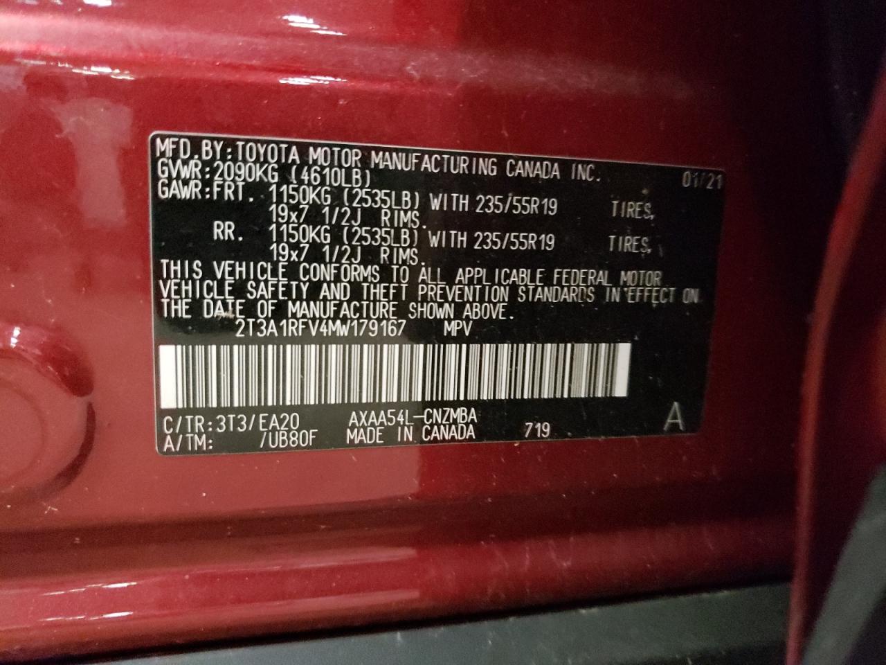 2021 Toyota RAV 4 VIN 2T3A1RFV4MW179167 Copart auction photo, rear end damage thumbnail 13