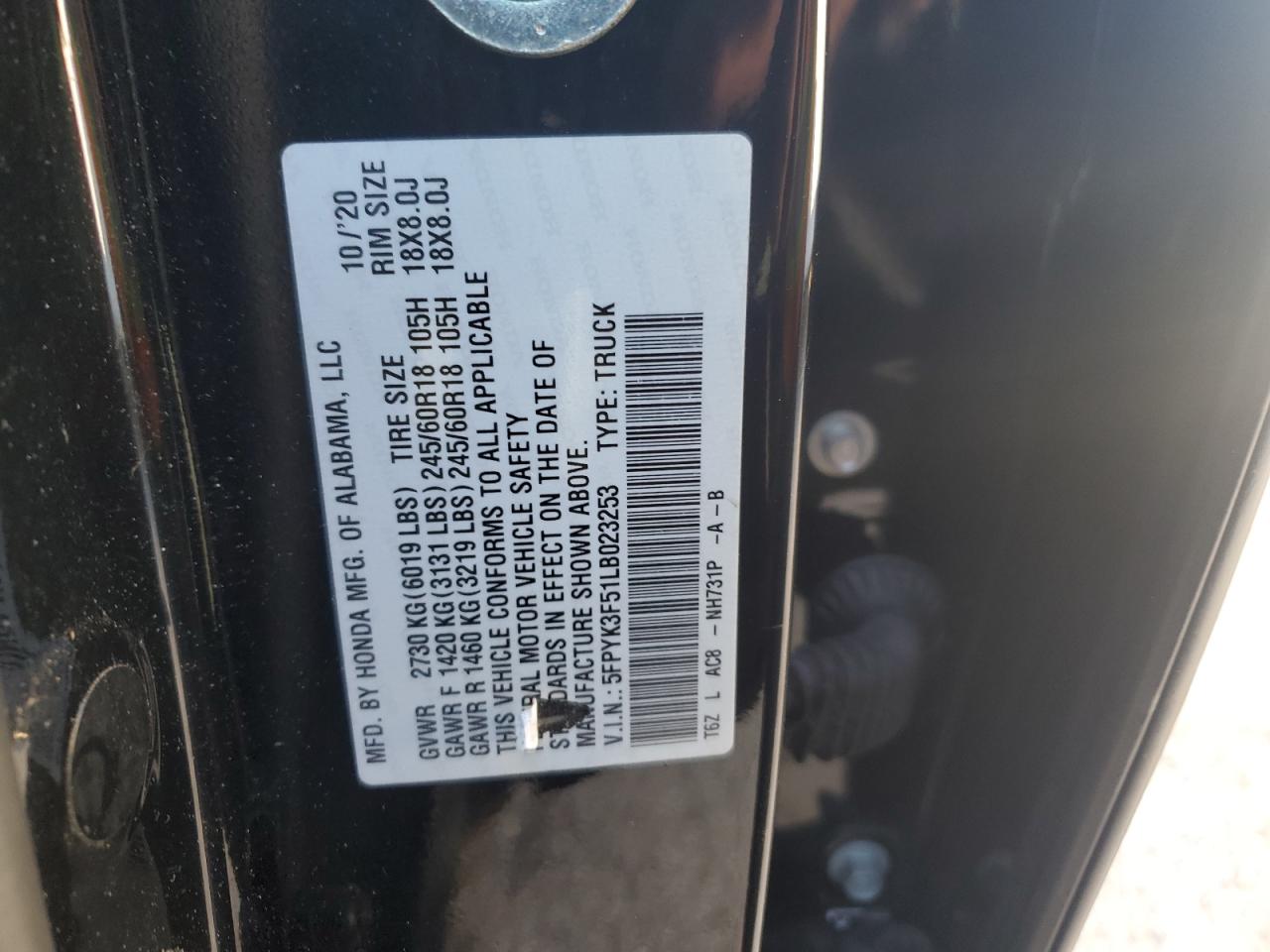 2020 Honda Ridgeline VIN 5FPYK3F51LB023253 Copart auction photo, front end / side damage thumbnail 14
