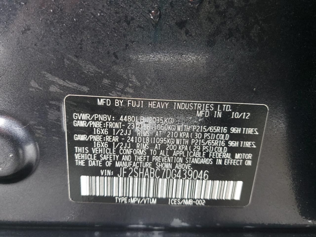 2013 Subaru Forester VIN JF2SHABC7DG439046 Copart auction photo, front end / hail damage thumbnail 14