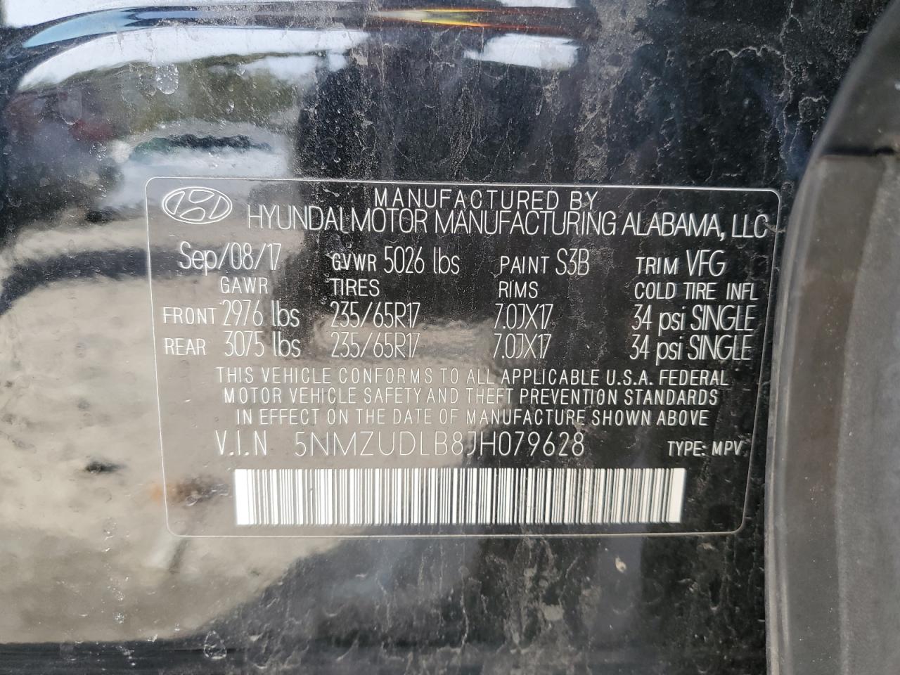2018 Hyundai Santa Fe VIN 5NMZUDLB8JH079628 Copart auction photo, front end / side damage thumbnail 14