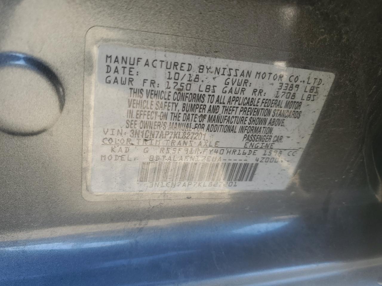 2019 Nissan Versa VIN 3N1CN7AP7KL827201 Copart auction photo, rear end / minor dent/scratches damage thumbnail 12