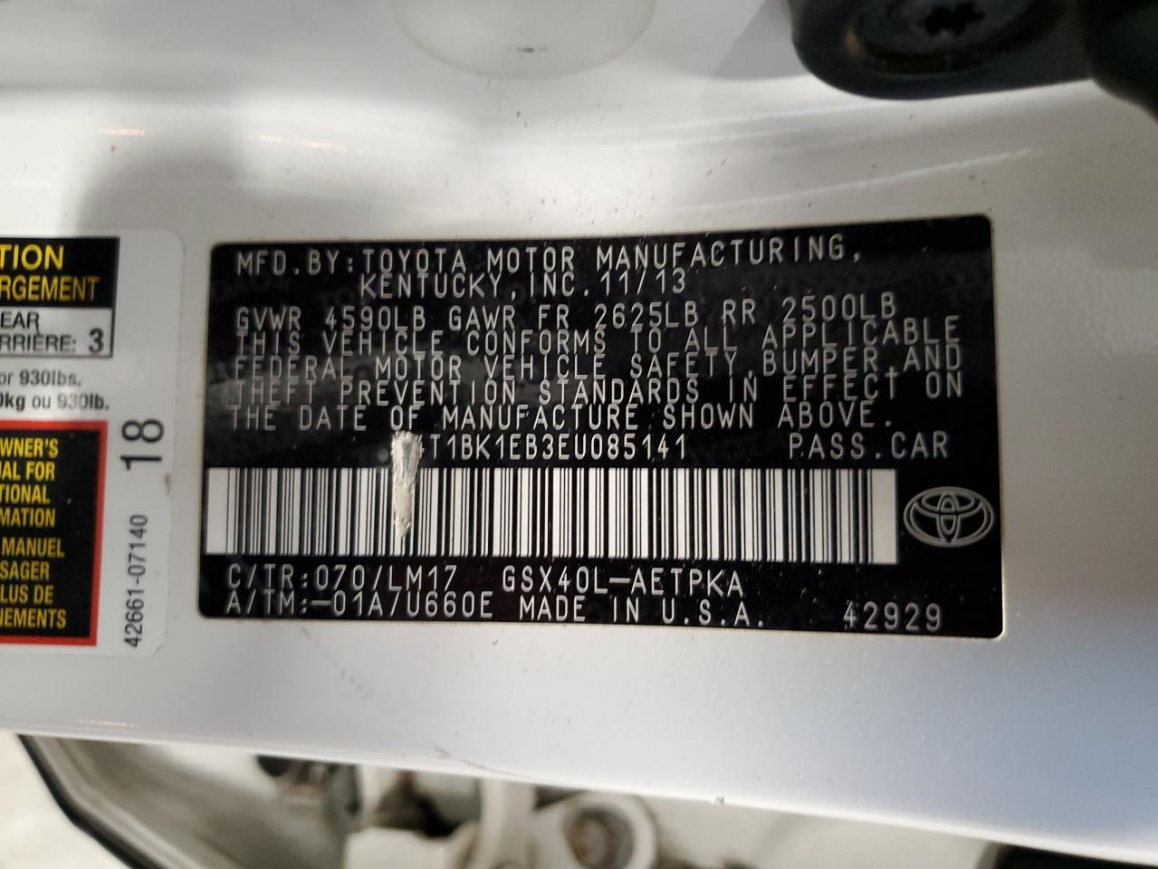 2014 Toyota Avalon VIN 4T1BK1EB3EU085141 Copart auction photo, rear end damage thumbnail 12
