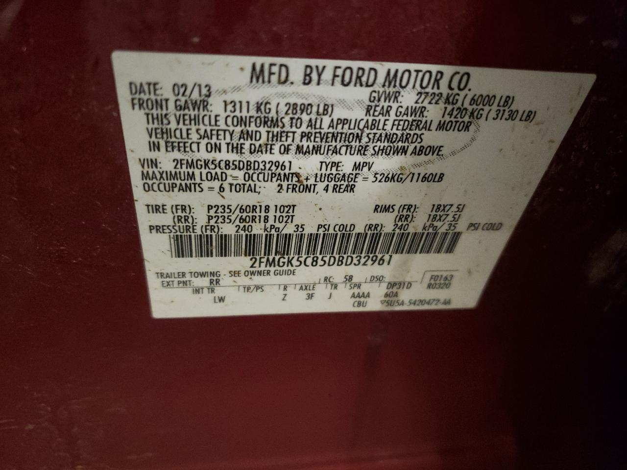 2013 Ford Flex VIN 2FMGK5C85DBD32961 Copart auction photo, front end / side damage thumbnail 15