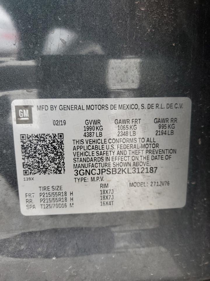 2019 Chevrolet Trax VIN 3GNCJPSB2KL312187 Copart auction photo, rear end / front end damage thumbnail 14