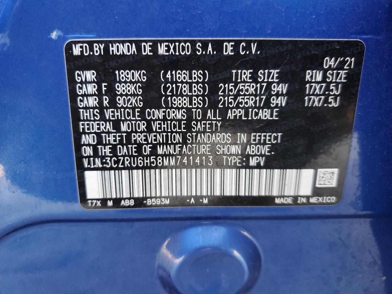 2021 Honda HR-V VIN 3CZRU6H58MM741413 Copart auction photo, front end / side damage thumbnail 16