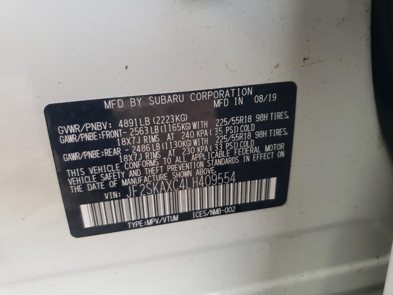 2020 Subaru Forester VIN JF2SKAXC4LH409554 Copart auction photo, front end / minor dent/scratches damage thumbnail 14