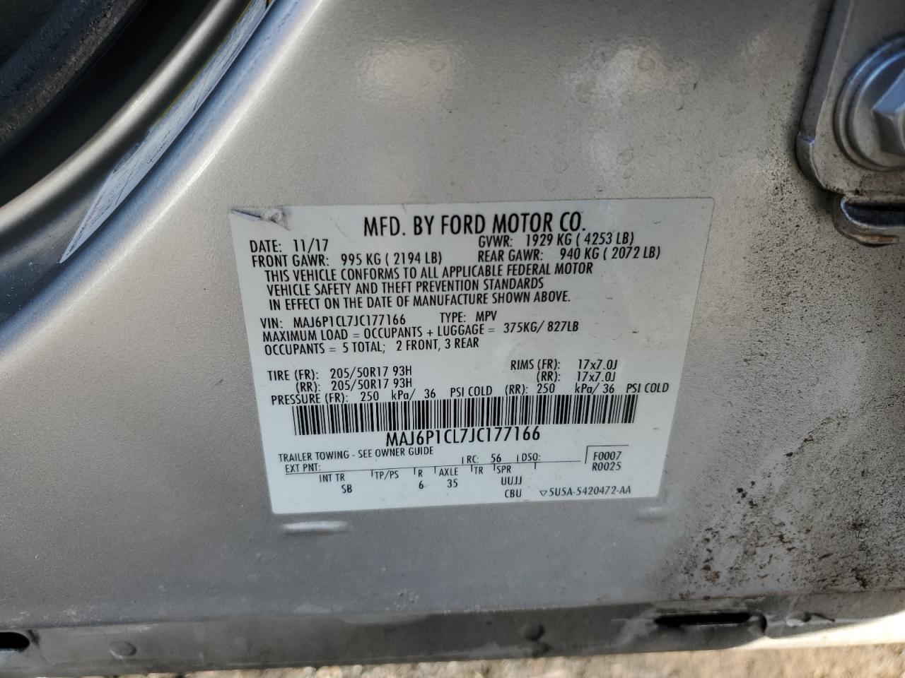 2018 Ford EcoSport VIN MAJ6P1CL7JC177166 Copart auction photo, rollover damage thumbnail 15