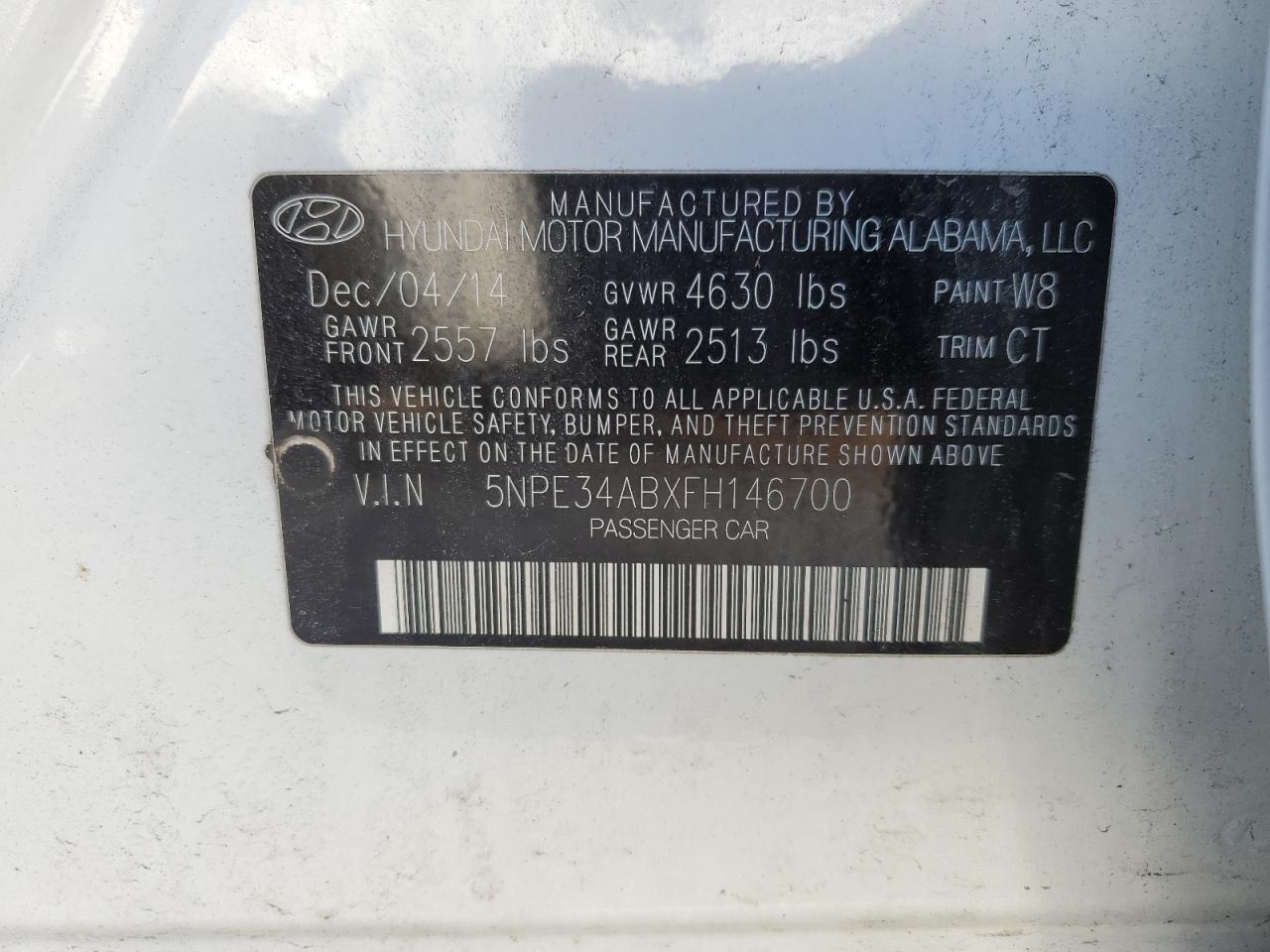 2015 Hyundai Sonata VIN 5NPE34ABXFH146700 Copart auction photo, front end damage thumbnail 13