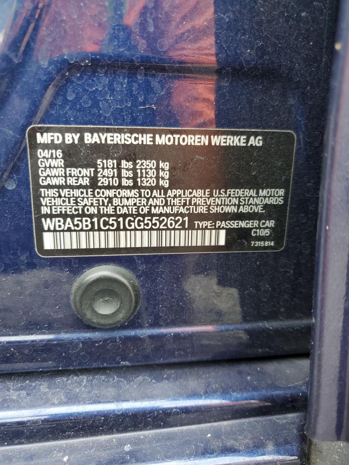 2016 BMW 5er VIN WBA5B1C51GG552621 Copart auction photo, front end / side damage thumbnail 12