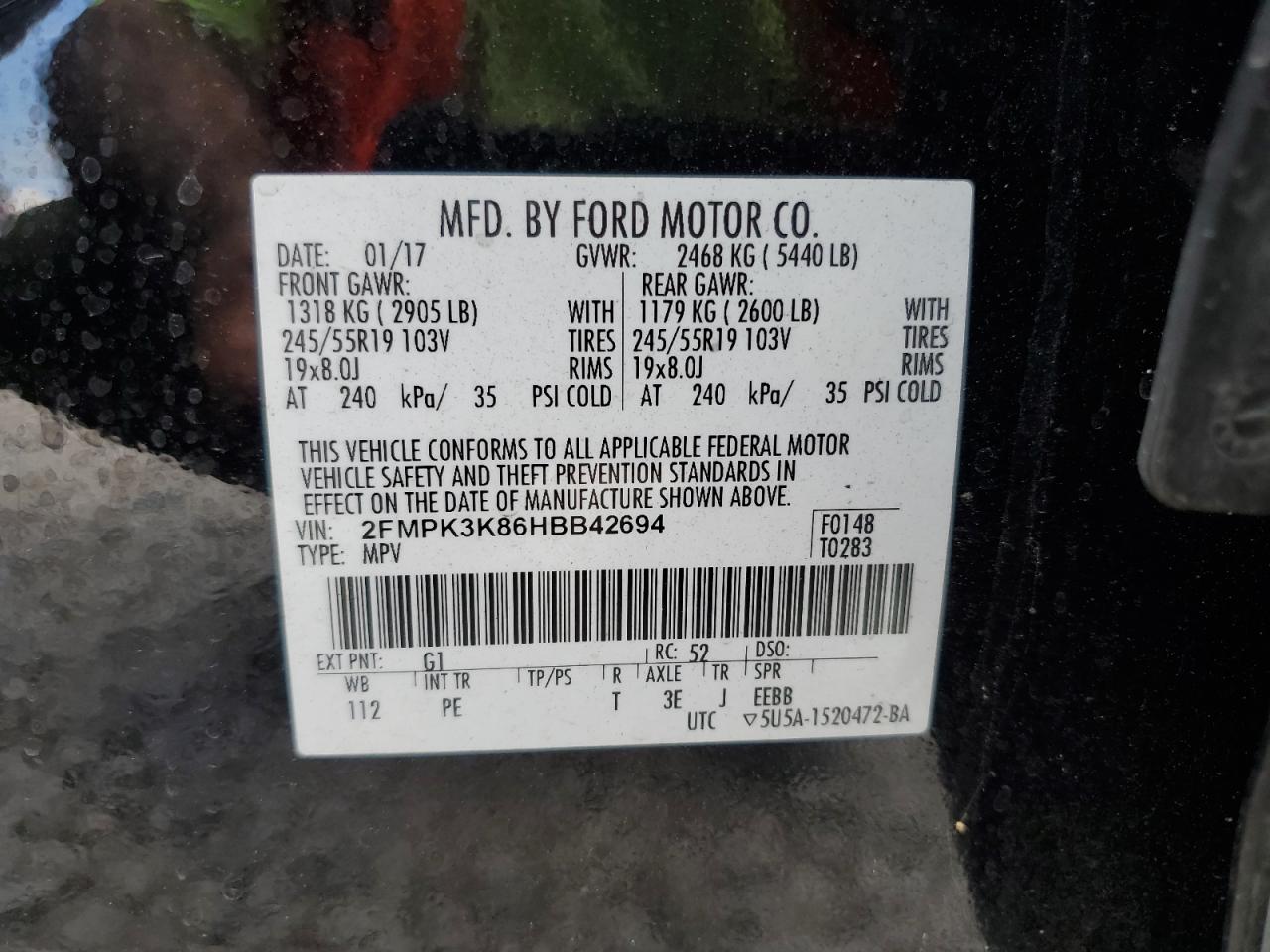 2017 Ford Edge VIN 2FMPK3K86HBB42694 Copart auction photo, water/flood damage thumbnail 12