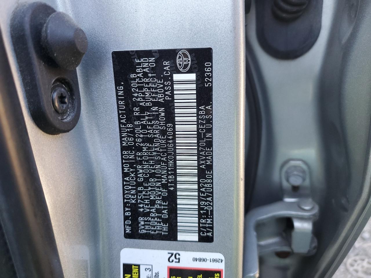 2018 Toyota Camry VIN 4T1B11HK0JU644069 Copart auction photo, side / all over damage thumbnail 12
