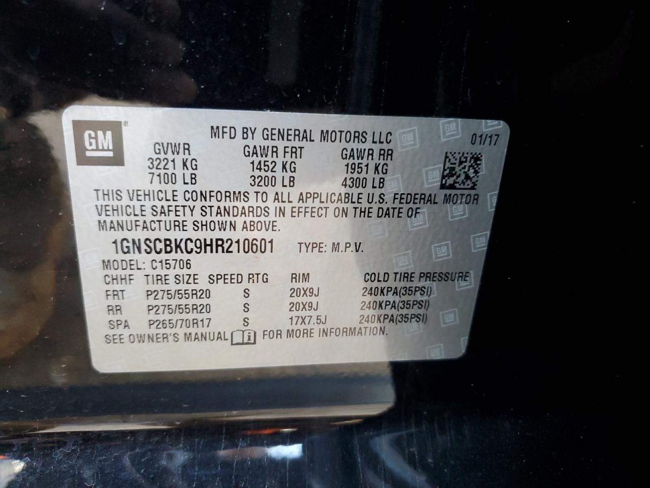 2017 Chevrolet Tahoe VIN 1GNSCBKC9HR210601 Copart auction photo, front end damage thumbnail 15