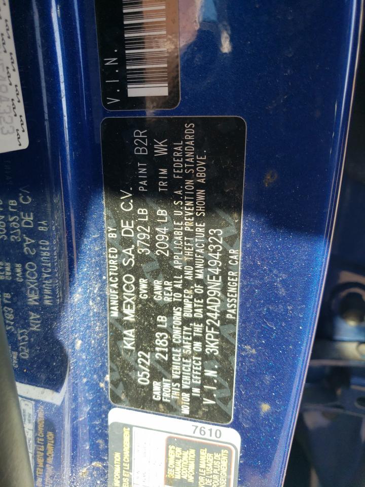 2022 KIA Forte VIN 3KPF24AD9NE494323 Copart auction photo, front end / minor dent/scratches damage thumbnail 14